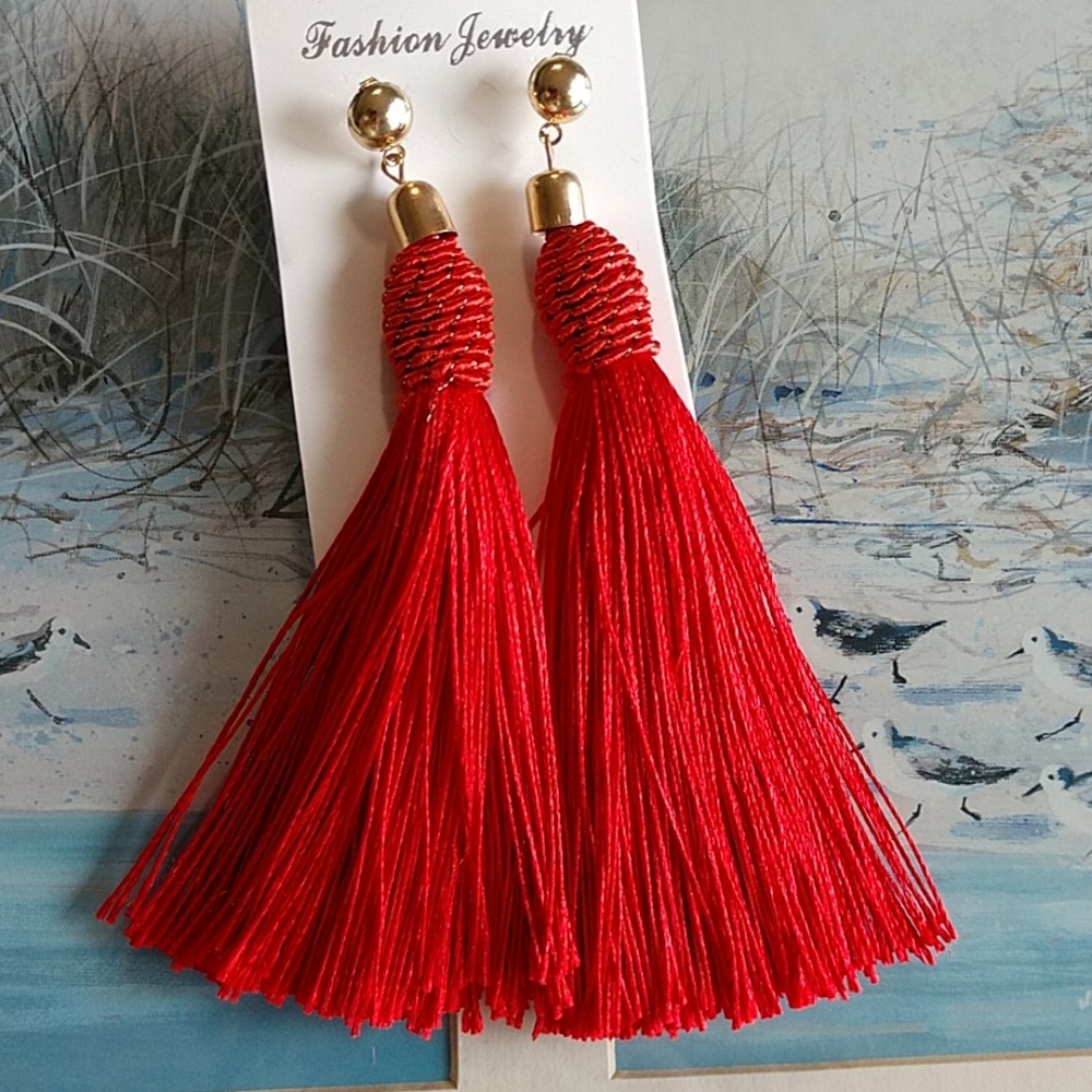 NEW Red Tassel Earrings Fringe Shimmer Goldtone Cut Adjust Length Boho Pierced - Picture 5 of 7